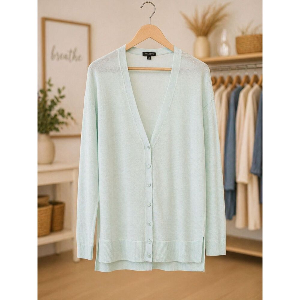Talbots Linen Cardigan Sweater Mint Green Lightweight Classic M Spring Layer